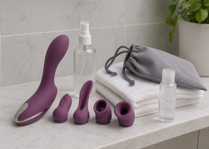 A realistic set of flared-base adult toys with care items arranged on a bathroom counter for a butt plug storage and cleanup guide.