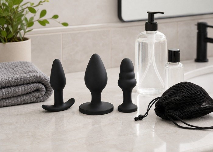 A close tabletop with a butt plug, lubricant, and towel arranged to compare base width, material feel, and movement checkpoints.