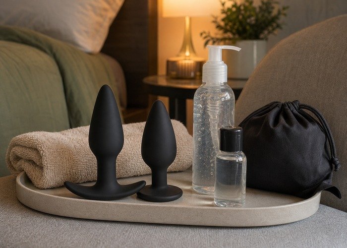 A cleaned butt plug, lubricant, towel, and pouch arranged to connect wear time choices with calmer cleanup and storage.