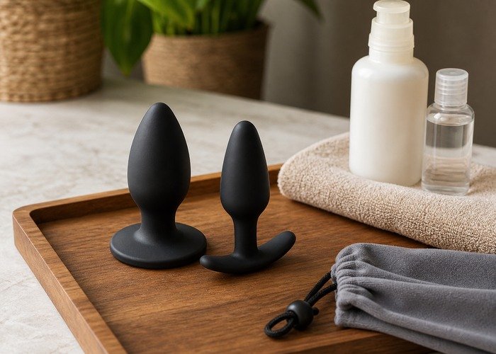 A realistic butt plug, lubricant, folded towel, and storage pouch arranged on a soft bed for a wear time guide.
