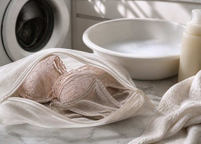 Air-dried lace and mesh lingerie on a cotton towel beside padded hangers and a storage box.