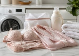 Folded lace lingerie, mesh robe, detergent, and towel on a laundry table.