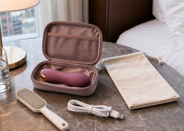 A compact adult wellness vibrator in a travel pouch with a lint brush and cable on a hotel bedside table.