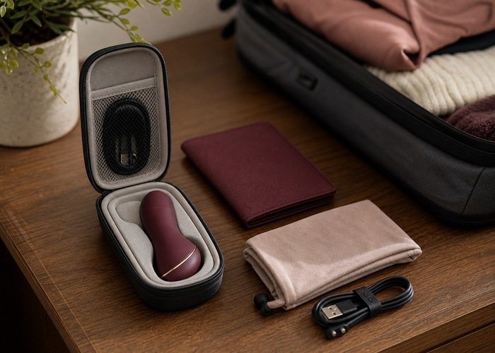 A charging-case vibrator beside a travel organizer, clean cloth, and cable on a wooden dresser.