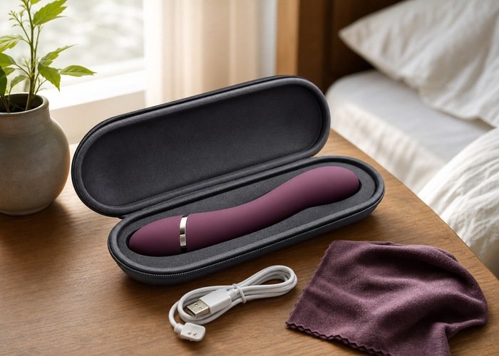 A rechargeable adult wellness vibrator in an open travel charging case on a bedside table with a cloth and cable.