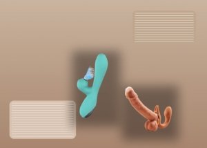 A realistic clitoral suction toy, lubricant bottle, towel, and storage pouch arranged on a bed for a comfort-troubleshooting guide.