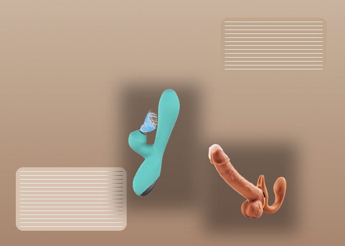 A realistic clitoral suction toy, lubricant bottle, towel, and storage pouch arranged on a bed for a comfort-troubleshooting guide.