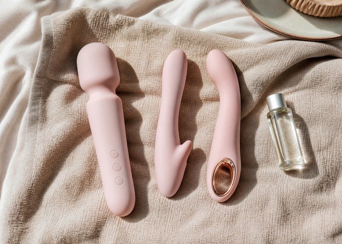 A close flat-lay with three vibrator shapes, folded towel, and lubricant arranged to compare angle, reach, and contact style.