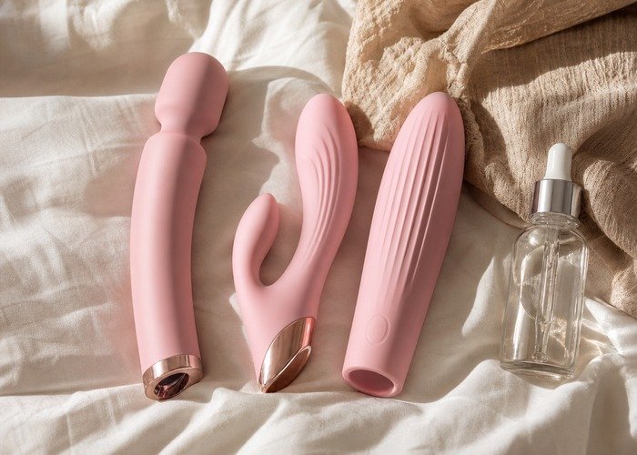 A realistic set of clitoral, G-spot, and rabbit vibrators arranged with lubricant on bedding for a comparison guide.