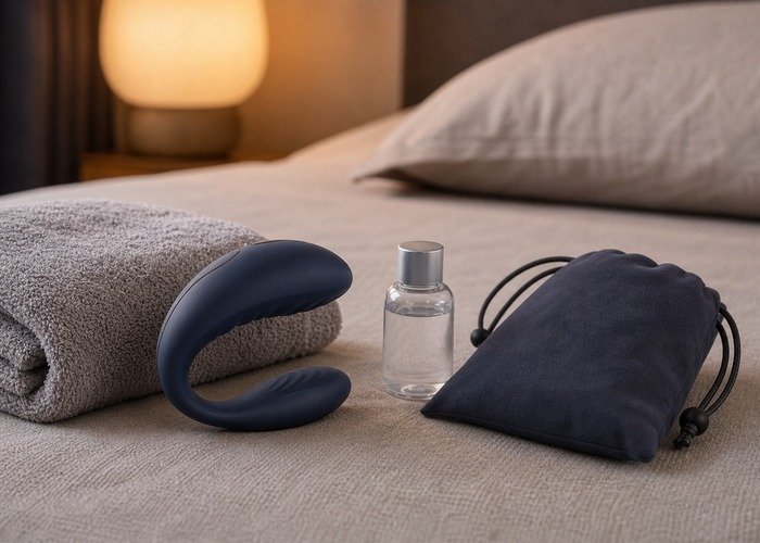 A close bedside setup with a couples vibrator, lubricant, and towel arranged to compare slip, pressure points, and movement-related fit.