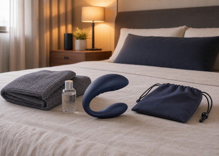 A cleaned couples vibrator, pouch, towel, and lubricant arranged to connect fit fixes with easier cleanup and storage.