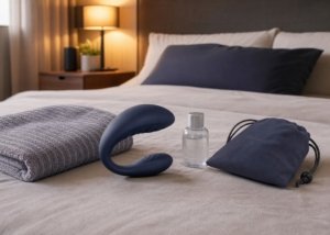 A realistic couples vibrator, lubricant, folded towel, and pouch arranged on bedding for a fit troubleshooting guide.