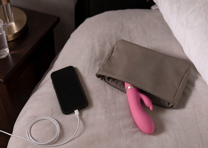 A realistic compact adult toy, charger, towel, and care bottle arranged for an adults-only communication and comfort checklist.