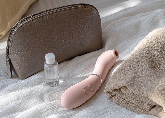 A realistic personal wellness device and storage pouch arranged on a bed for private, adult-only aftercare planning.