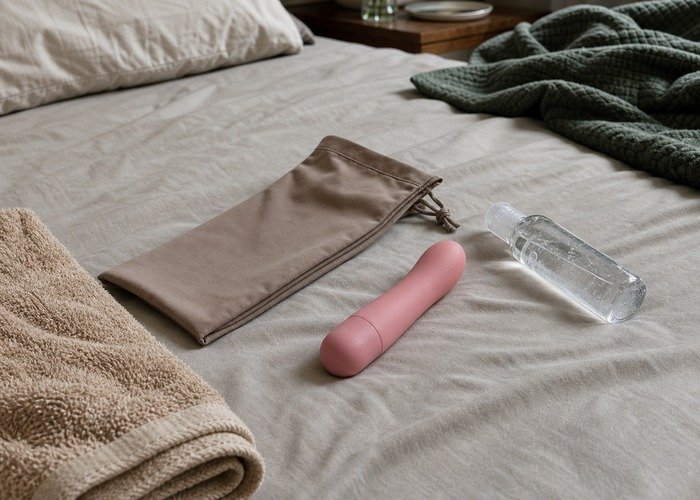 A realistic adult personal wellness device with a pouch and towel in a private bedroom setting for an adult roleplay boundaries guide.