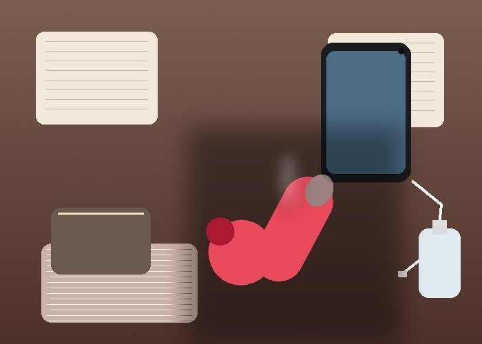 A close bedside scene with pouches, a compact toy, charger, and towel arranged to explain drying order and dust control.