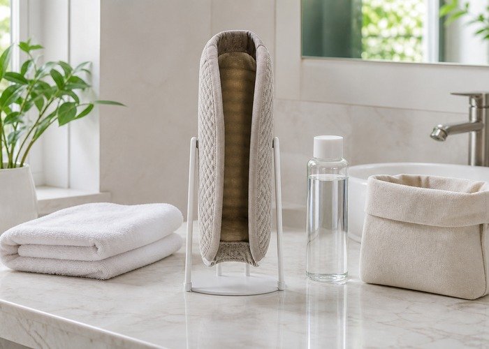 A close counter setup with a cleaned sleeve, folded towel, drying stand, and pouch arranged to explain inside-and-out drying.