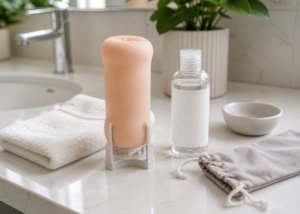 A realistic sleeve-drying setup with a male masturbator sleeve, drying towel, storage pouch, and lubricant arranged on a bathroom counter.