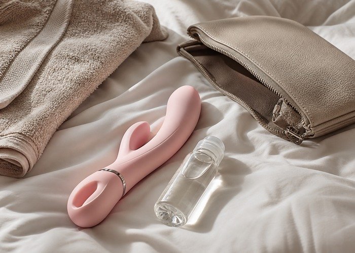 A realistic dual-stimulation toy, lubricant, folded towel, and pouch arranged on bedding for a feature comparison guide.