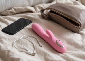 A realistic adult toy, charger, and travel pouch arranged on a bed for an adult group-consent planning guide.