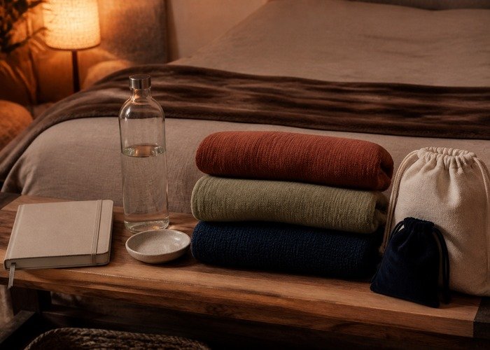 A close bed setup with condoms, lubricant, notebook, and a compact toy arranged to explain space and communication before a threesome.