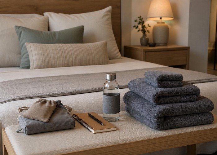 A tidy bed edge with condoms, lubricant, towels, and a compact toy arranged to show a calm reset after a group-intimacy conversation.