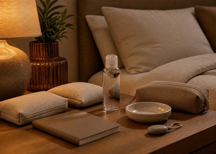 A realistic bedside setup with condoms, lubricant, folded towels, and a compact toy arranged for a threesome communication and safety guide.