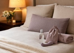 A realistic couples-position setup with pillows, folded towel, lubricant, and a compact toy arranged on a bed for a closeness guide.
