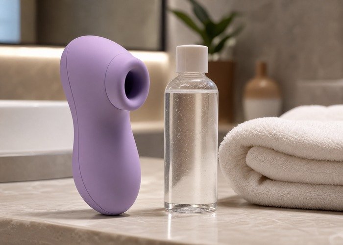 A realistic adult personal wellness device with a charger and towel arranged to support a paced, consent-first intimacy routine.
