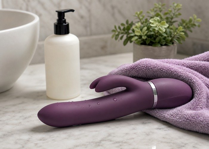 A realistic compact adult toy and care items arranged for an adults-only aftercare and storage checklist.