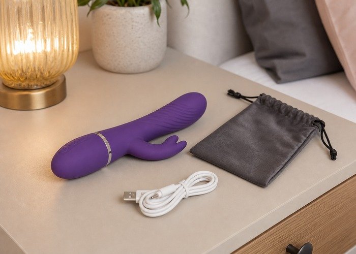 A realistic compact adult toy, care bottle, towel, and pouch arranged in a private bedroom for an adults-only comfort planning guide.