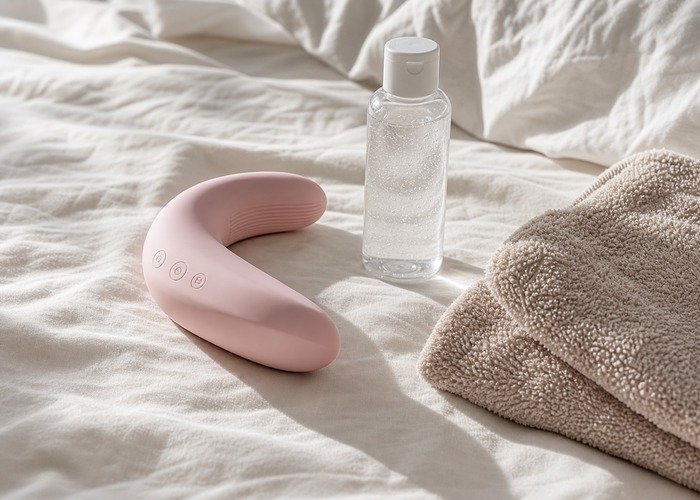 A cleaned compact vibrator, pouch, towel, and charger arranged to connect aftercare with long-term replacement decisions.