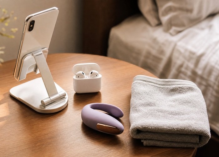 A phone stand, earbuds, small vibrator, and folded towel arranged to explain voice notes, timing, and toy control for distance play.