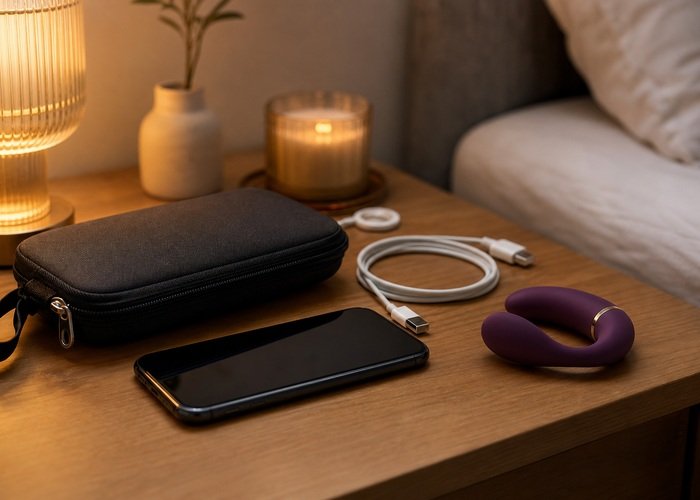 A secure storage pouch, charger, phone, and compact toy arranged to show a calm reset after a long-distance session.