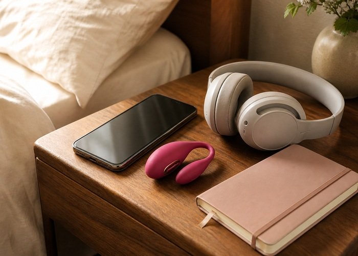 A realistic phone, compact vibrator, headphones, and notebook arranged on a bedside table for a long-distance intimacy guide.