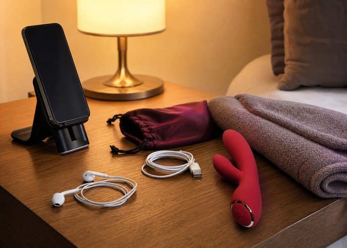 A realistic remote-intimacy setup with a phone, compact vibrator, charger, earbuds, and notebook arranged on a bedside table.
