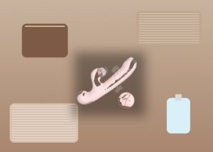 A realistic male masturbator sleeve, lubricant bottle, folded towel, and pouch arranged on bedding for a comfort troubleshooting guide.