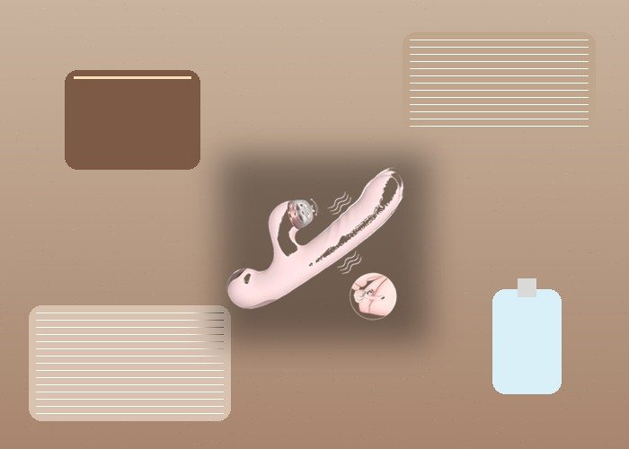 A realistic male masturbator sleeve, lubricant bottle, folded towel, and pouch arranged on bedding for a comfort troubleshooting guide.