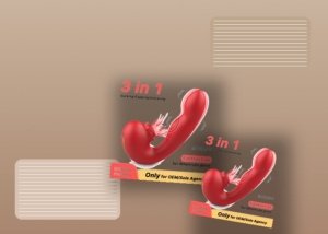 A realistic massage wand vibrator, lubricant, folded towel, and storage pouch arranged on bedding for a size comparison guide.