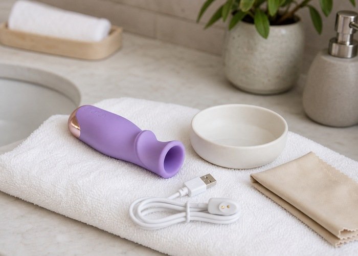 An oral-style adult wellness vibrator on a towel beside a care cloth and charging cable on a bathroom counter.