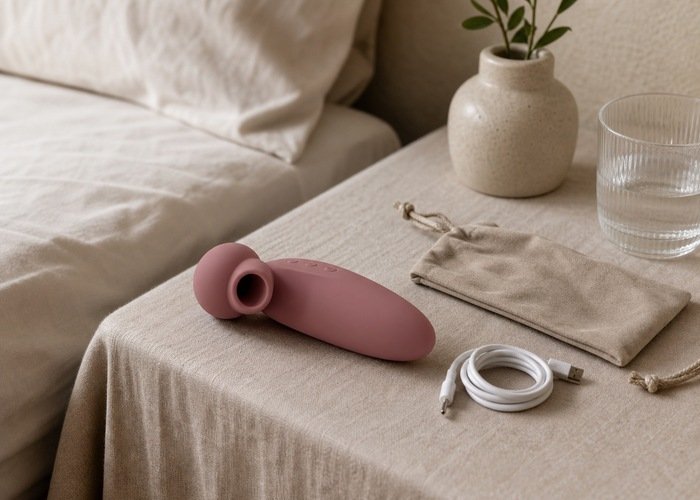 A discreet oral-style adult wellness vibrator with a rounded silicone contact head on a linen bedside table.
