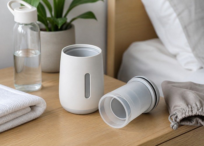 A close tabletop setup with an oral-style toy, removable sleeve, lubricant, and folded towel arranged to explain seal and airflow checks.
