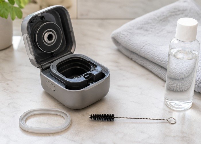 A cleaned oral-style toy, sleeve, towel, and charger arranged to show a calmer reset after fixing suction loss.