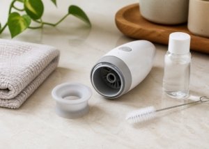 A realistic oral-style toy setup with a compact automatic sleeve, lubricant, towel, and charger arranged on a bedside table for a suction-troubleshooting guide.