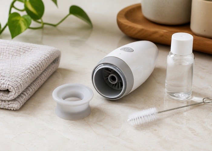 A realistic oral-style toy setup with a compact automatic sleeve, lubricant, towel, and charger arranged on a bedside table for a suction-troubleshooting guide.