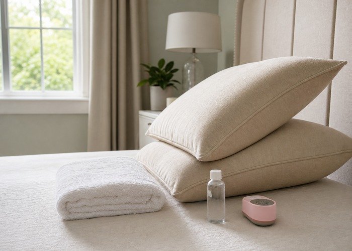 A close bed setup with stacked pillows, lubricant, and a compact toy arranged to explain support and easier angle changes.