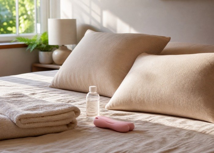 A tidy bed edge with pillows, towel, and compact toy arranged to show a calmer reset after trying a supported position.
