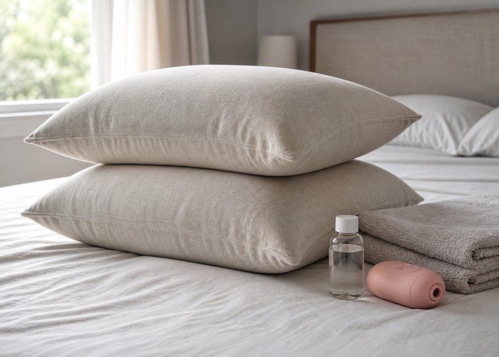 A realistic couples-position setup with pillows, folded towel, lubricant, and a compact toy arranged on a bed for a support-first guide.