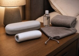 A realistic male masturbator sleeve, lubricant bottle, towel, and storage pouch arranged on a bed for a size and entry style buying guide.