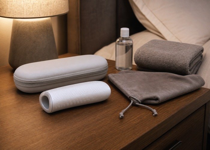 A realistic male masturbator sleeve, lubricant bottle, towel, and storage pouch arranged on a bed for a size and entry style buying guide.